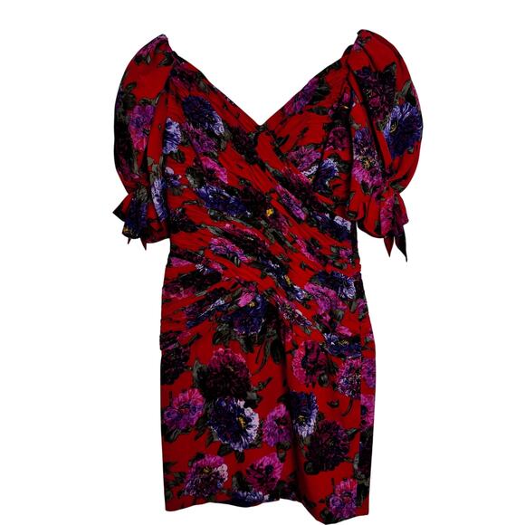 Liancarlo Ruched Cocktail Dress Womens 10 Red Floral Silk Puff Sleeve Elegant - Picture 2 of 16